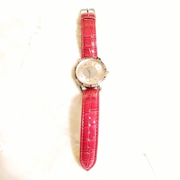 WATCH, BRACELET&HOOP EARRINGS SET*STRADA*PINK BAND*RAINBOW AUSTRIAN CRYSTALS. - Picture 4 of 16